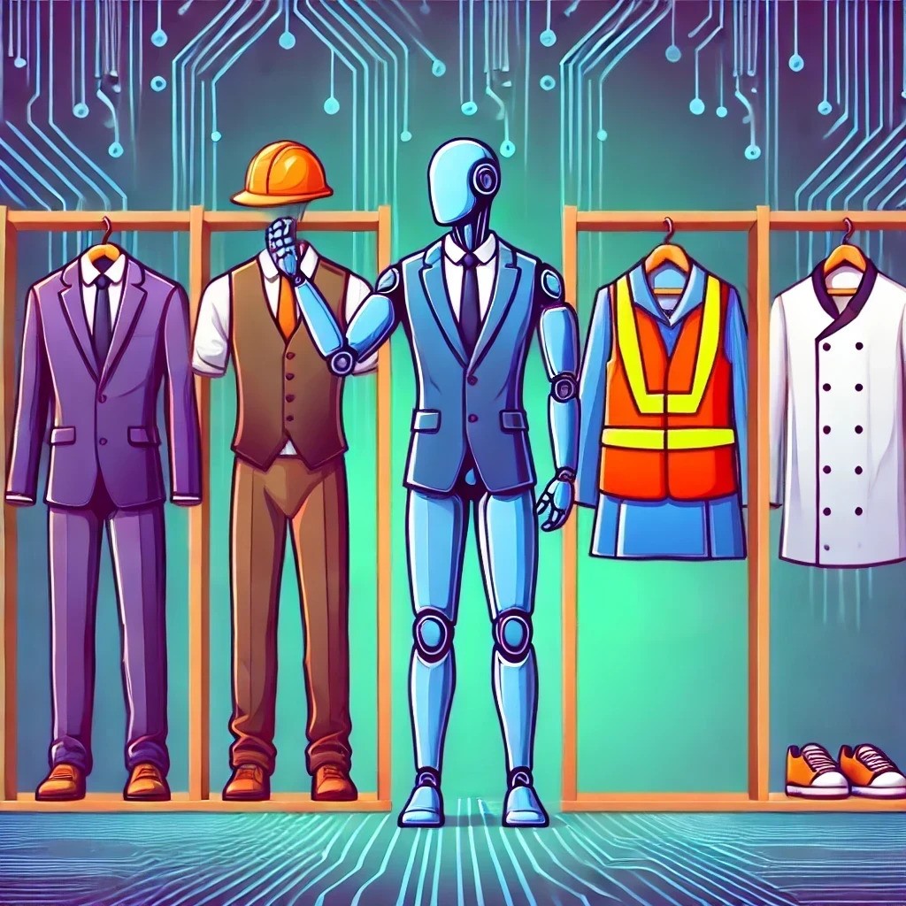 Illustration of a wardrobe with various professional costumes. Represents the flexibility of AI in taking on different roles, emphasizing the importance of writing better prompts to guide AI effectively.