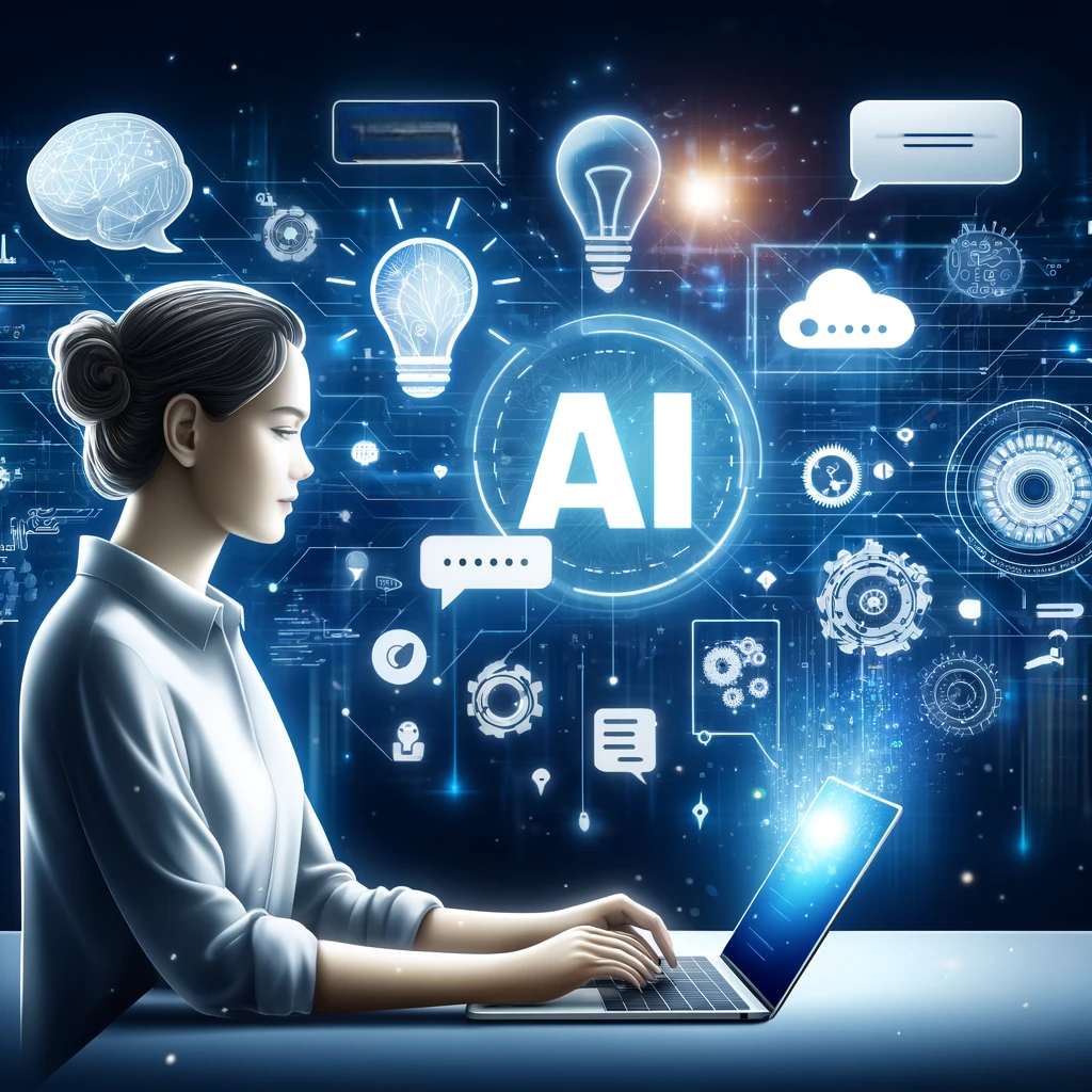 Illustration of a person using a laptop with symbols of AI tools, representing tips for writing better prompts to get the best results from AI tools like ChatGPT.